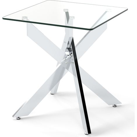 Table d'appoint en verre, table carrée avec plateau en verre trempé et base en X métallique - argent (1/5)