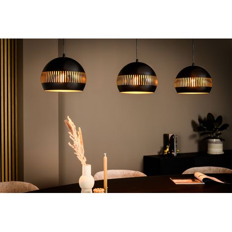 Sospensione lineare H340 nera a 3 luci con cupole in metallo, versione compatta (1/5)