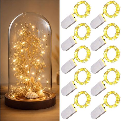 Paquet de 10 guirlandes lumineuses LED à piles 1m 10 LED fil d'argent étanche étoile bouteille guirlandes lumineuses (Warm White 10pcs) (1/5)