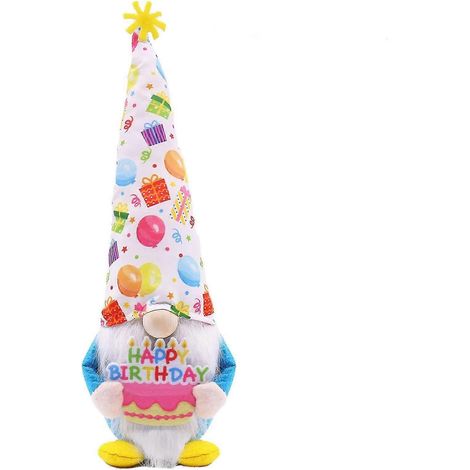 Poupée en peluche gnome d'anniversaire tenant un gâteau, avec un long chapeau, cadeau idéal pour un anniversaire ou un autre événement. (1/5)