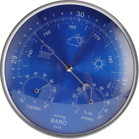 Thermomètre, baromètre et hygromètre 3 en 1, toutes saisons, à suspendre au mur, pour intérieur et extérieur, instrument météo précis, bleu, 180 mm (1/5)