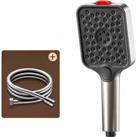 Ensemble de douchette carrée grise, 3 modes, autonettoyant, anti-brûlure, haute pression + flexible PVC renforcé de 2 mètres