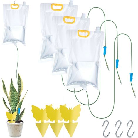 Relaxdays Plant Watering Bags, Set of 4, Drip Irrigation Device, Yellow Sticker Traps, 3.5 L, Adjustable System, Clear