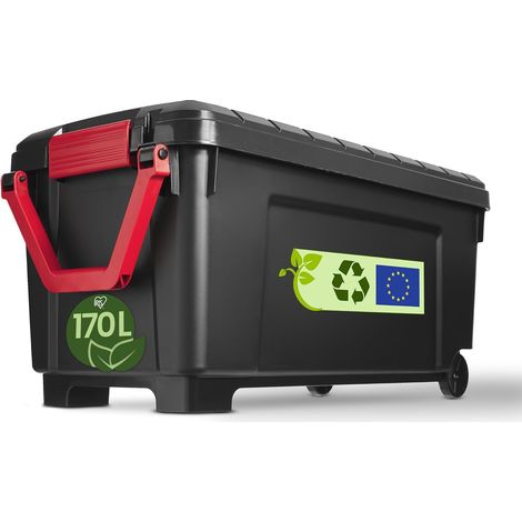 Malle, Boîte de rangement plastique, avec Couvercle et Clips de fermeture, 170L, A l'unité, Empilable, Roues, Sans BPA, Grenier, Cabanon, Garage, SIA-1000, Noir (1/5)