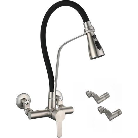 Rubinetto da cucina a parete nero, girevole a 180°, in silicone alimentare - Rubinetto a parete flessibile ed estensibile - Rubinetto per lavello da cucina, materiale in acciaio inossidabile (1/5)