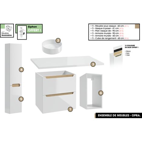 Ensemble complet de salle de bain - Meuble - Plan - Armoires - Cube - Vasque à poser avec Siphons OFFERT OPRA 90 x 60 x 45 cm (1/5)