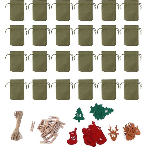 24 wiederverwendbare Adventskalenderbeutel mit Kordelzug für Süßigkeiten, Schmuck, Geschenke, mit Countdown-Timer, Grün (1/5)