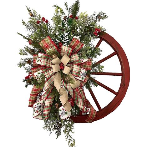 Guirlande De Porte - Couronne De Roue De Charrette En Bois Et Pommes De Pin - Pour Décoration De Noël Et D'Automne - 40 X 45 Cm - 1 Pièce (1/5)