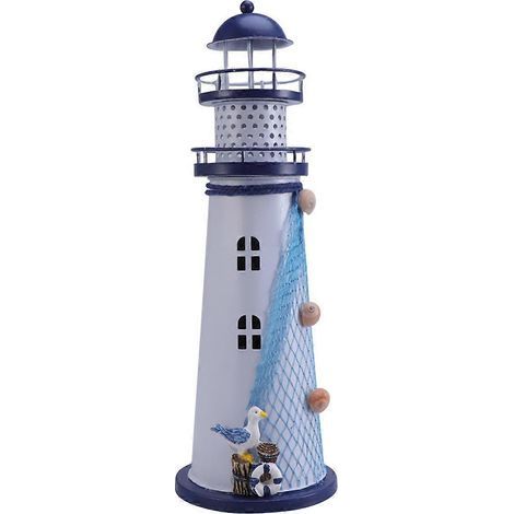 Lanterne à bougie LED en forme de phare, style méditerranéen, bougeoir en fer pour bureau, meubles et décoration intérieure-Blue (1/4)
