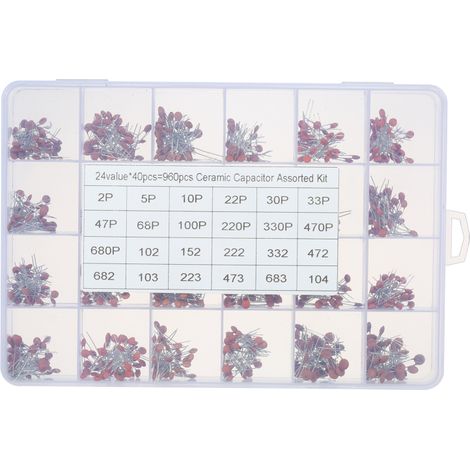Kit de 960 condensateurs céramiques assortis (2 pF à 0,1 µF, 24 valeurs) Lot de 40 condensateurs céramiques à puce DIP avec boîte en plastique transparent (1/5)