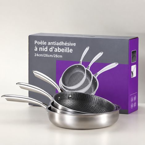 Poêle à frire antiadhésive 24 cm en acier inoxydable 410 fond triple couche induction et gaz 24cm 550 g – Livraison gratuite (1/5)