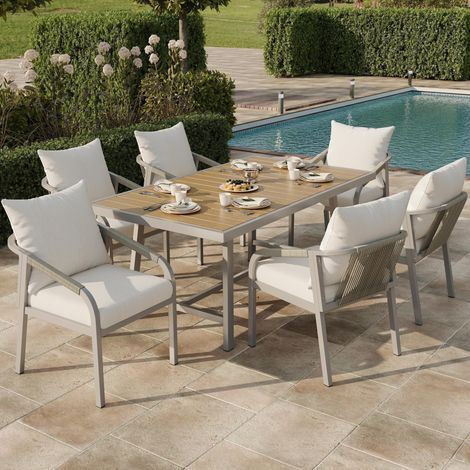 Ensemble de table et chaises de jardin, en tubes d'acier galvanisé, plateau en bois synthétique, design en corde tressée, couleur kaki + beige (1/5)
