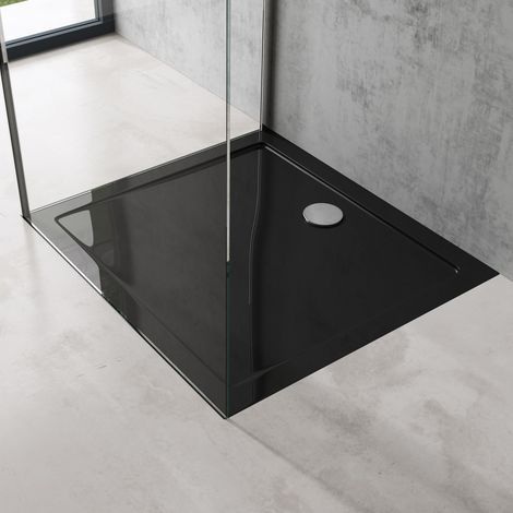 doporro plato de ducha 90x100x4cm  plano de acrílico en negro rectangular incluye Desagüe AL02 conexiones DIN apto para instalación a ras de suelo Faro2 (1/5)