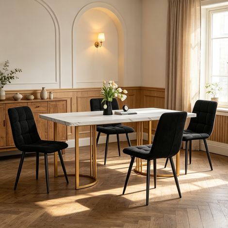 Ensemble de salle à manger 5 pièces – Table 140×80 cm + 4 chaises en velours – Plateau effet marbre – Pieds métalliques réglables Doré – Structure stable – 140×80×75 cm (1/5)