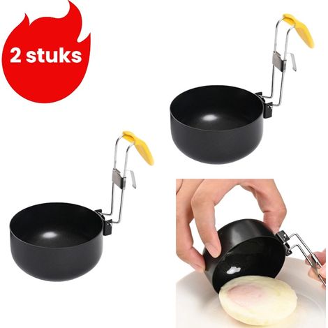 Ensemble de 2 accessoires de cuisine noirs comprenant cuiseur à œufs rond pliable avec poignées de suspension moule pour œufs à la coque et œufs pochés ainsi qu une cuillère à œufs pour préparation et (1/5)