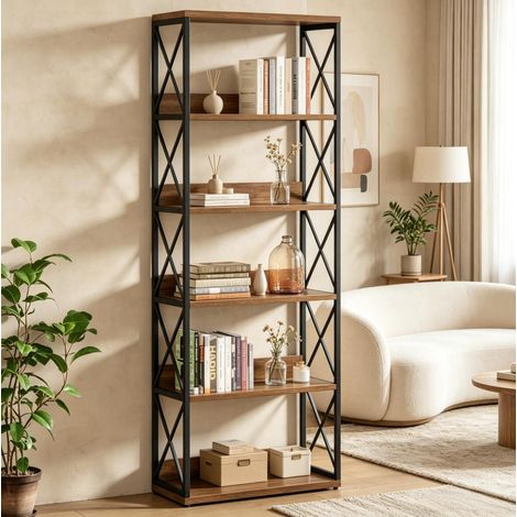 Bibliothèque industrielle à 5 niveaux, 5 étagères ouvertes en bois et métal, noir et marron, de 178 cm, pour livres et décoration, avec protection anti-basculement – CHICFURN (1/5)