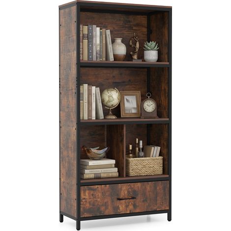 Bibliothèque marron en métal et bois avec 5 niveaux, tiroir en tissu et pieds réglables pour salon, chambre et bureau (1/5)
