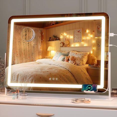Hasipu Schminkspiegel mit Beleuchtung 75 x 54 cm, LED Kosmetikspiegel mit Handyhalterung und USB-Ladeanschluss, 360° Drehung Tischspiegel für Make-up Round Weiß (1/5)