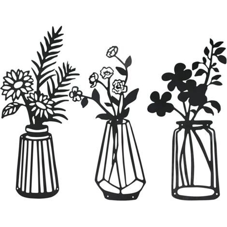 royaluxe-3 Pièces Fleurs en Métal Décoration Murale Art Mural en Métal Noir Sculpture Murale Florale en Métal pour Patio Balcon Salon Chambre Salle à Manger Décorations de Cuisine