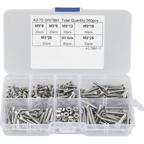 Kit de visserie complète pour montage et fixation professionnelle - Kit de 260 pièces M3 en acier inoxydable 304 avec tête plate hexagonale et boîtier de rangement (1/5)