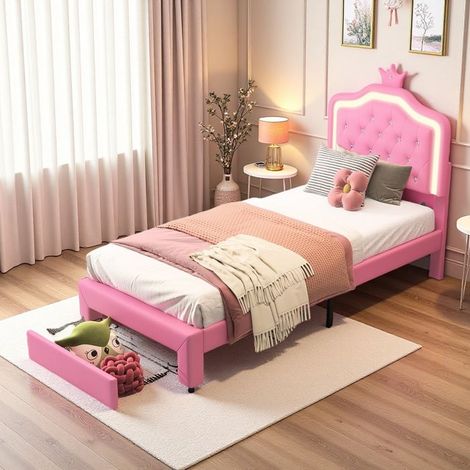 Cama Infantil - Cama Princesa Niña 90x200 - Estructura de Metal - Cajón de Almacenamiento - LED Rosa