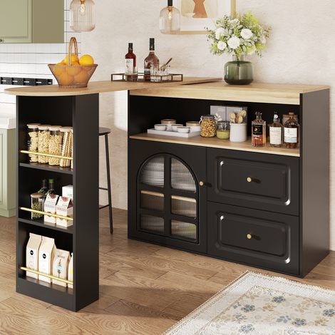 Schwarzer Stehtisch, 360° drehbares Buffet, modernes Design, 2 Schubladen, Snackablage, gebogenes Glas