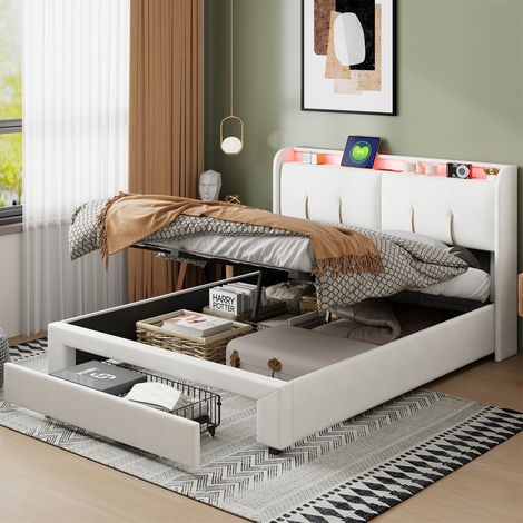 Doppeltes Polsterbett 140x200 cm, hydraulisches Boxspringbett mit LED-Kopfteil, verstecktem Stauraum, USB- und Typ-C-Aufladung, Schubladen, Samt, Lattenrost – Beige