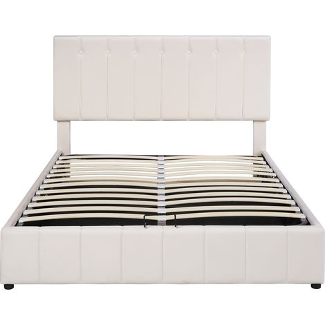 Lit rembourré 140200, lit double avec rangement de lit à relevage hydraulique, tête de lit rembourrée réglable en hauteur, sommier à lattes en métal, tissu velours doux pour la peau, lit double pour a (1/5)