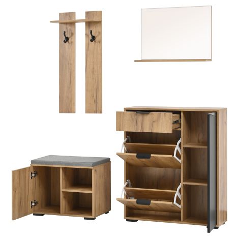 Eingangsbereich-Möbelstück 140x35x139 cm, Schuhbank mit Spiegel, Spanplatte, Holz + Schwarz