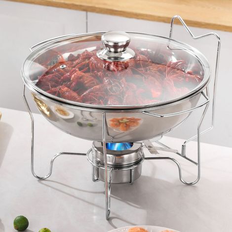 Ensemble de chauffe-plats ronds pour buffet, en acier inoxydable, avec couvercle en verre et réservoir à combustible de 6 L. (1/5)
