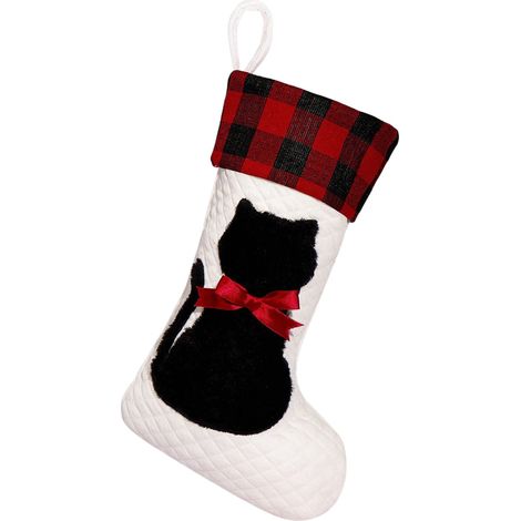 Chaussette De Noël Pour Animal De Compagnie - Silhouette Chien Chat - Ruban Rouge - Décoration Arbre De Noël - Blanc - 1 Pièce (1/5)