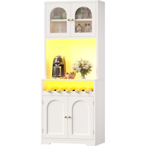 CHICFURN Buffet alto de cocina blanco 180 cm con LED RGB App, vitrinas de vidrio curvo, botellero, estantes regulables y sistema anti-vuelco para salón y comedor (1/5)