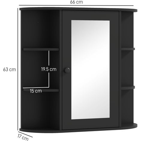 Miroir de salle de bain en bois et verre avec 6 étagères ouvertes et 2 étagères fermées, dimensions : 66 x 17 x 63 cm, noir. (1/5)