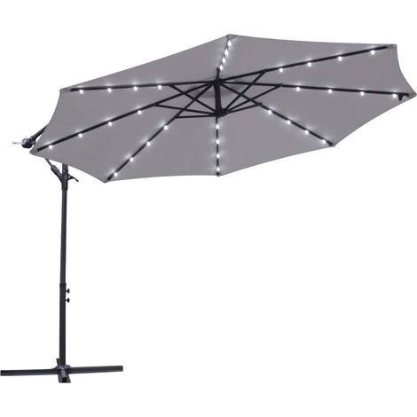 Greenbay Garden Banana Parasol Solar LED Lights 3m Sun Shade Shelter Crank Hanging Rattan Cantilever Outdoor Umbrella Grey
