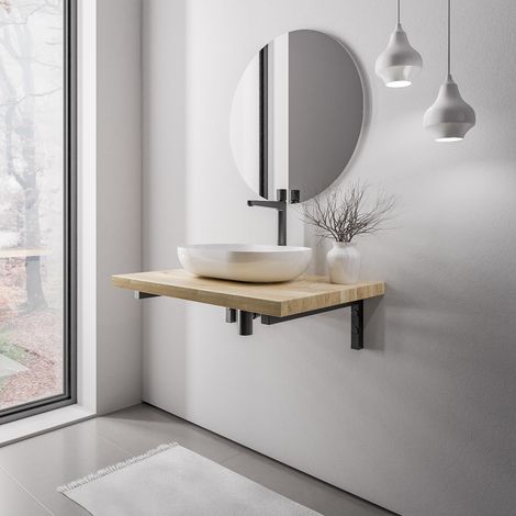BERNSTEIN - Plan de toilette sous vasque chêne massif 80x52x7cm (LxPxH) + Supports fixation Noir mat - PUREWOOD (1/5)