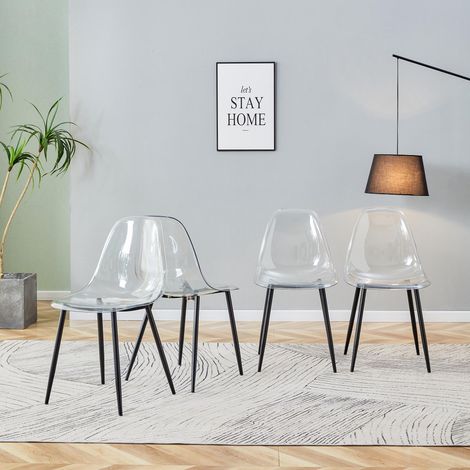 Ensemble de 4 chaises de salle à manger en plastique transparent. Pieds en métal noir, bureaux, modernes