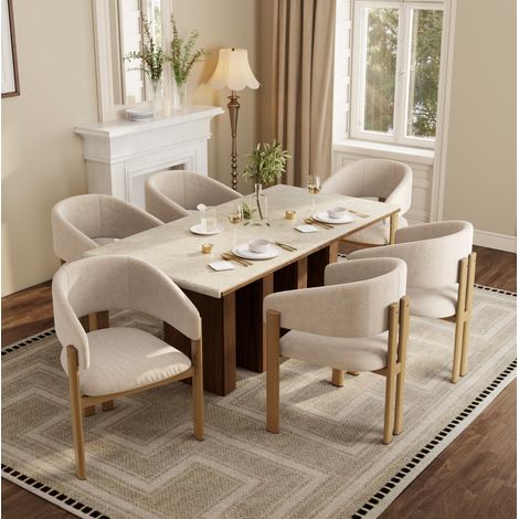 Lot de 6 chaises de salle à manger en métal imitation bois, lin beige, avec accoudoirs, 61,5x52,5x83 cm (1/5)