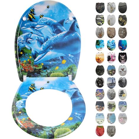 Abattant de WC avec système d'abaissement automatique - Forme ovale - Facile à nettoyer - Siège de toilette amovible - Charge maximale: 150 kg - Montage facile - Motif: dauphin bleu (1/5)