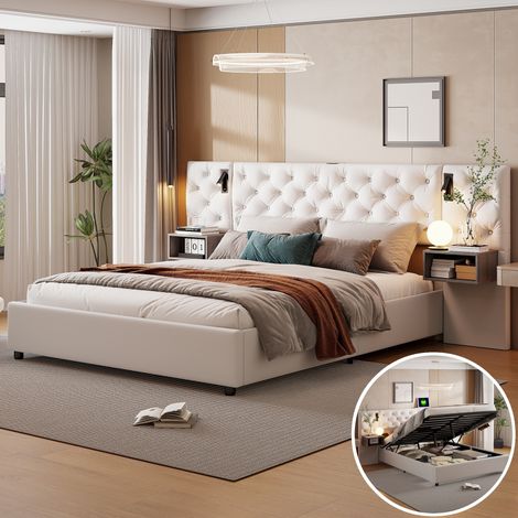 lit double 140x200cm avec coffre, lit 140 x 200 avec Sommier, lampe de chevet et 2 tables de chevet, Chargement USB, velours, Beige (1/5)
