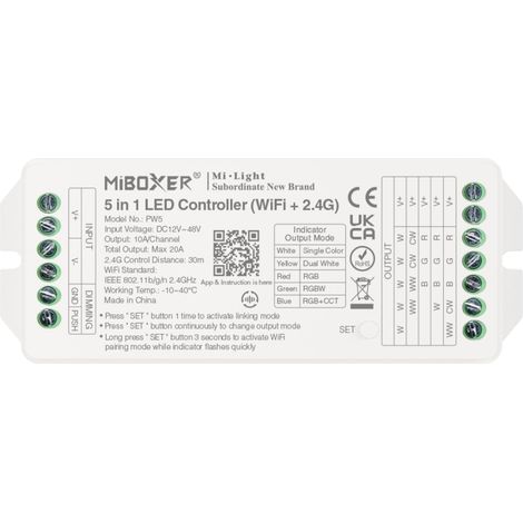 Contrôleur LED MiBoxer PW5 (20 A, 12-48 V, WiFi + 2,4 GHz) pour rubans LED mono/CCT/RGB/RGBW/RGB+CCT (1/3)