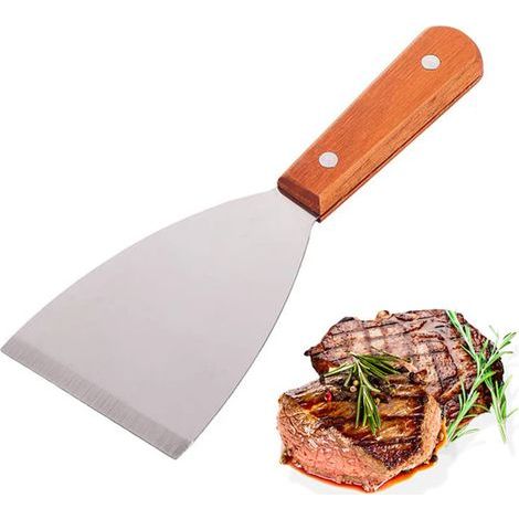 Spatule Plancha Pofessionnelle - Cuisine Inox, ectangulaie Lage, Manche En Bois, Acie Inoxydable Pou Babecue (1/3)