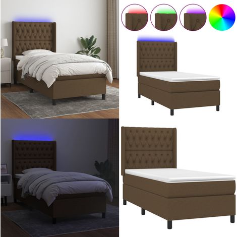 Sommier à lattes de lit matelas LED Marron foncé 90x190cm Tissu - Sommier Tapissier - Lit Avec Led - Matelas À Ressorts Ensachés - Tête De Lit Réglable - Éclairage LED - Home & Living (1/5)