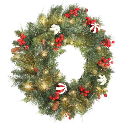 Beleuchteter Weihnachtskranz, 60 cm, 50 LEDs, Timer, 146 Zweige, Tannenzapfen, Beeren, Dekokugeln, grün (1/5)