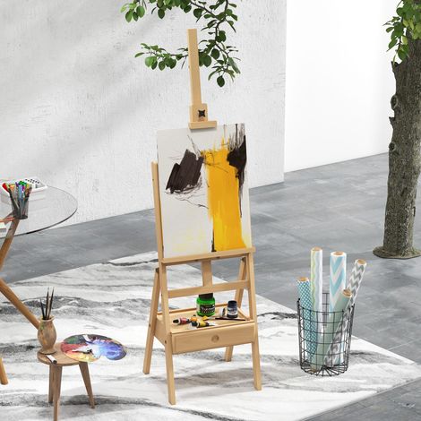 Rangement Chevalet en bois sur pied d'artiste avec tiroir intégré hauteur réglable jusqu'à 92 cm coloris - naturel