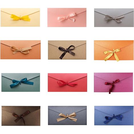 Set of 12 Colourful Envelopes with Ribbon  Pearlescent paper, 22 x 10.8 cm size, perfect for parties, weddings, money gifts and thank you cards (1/5)