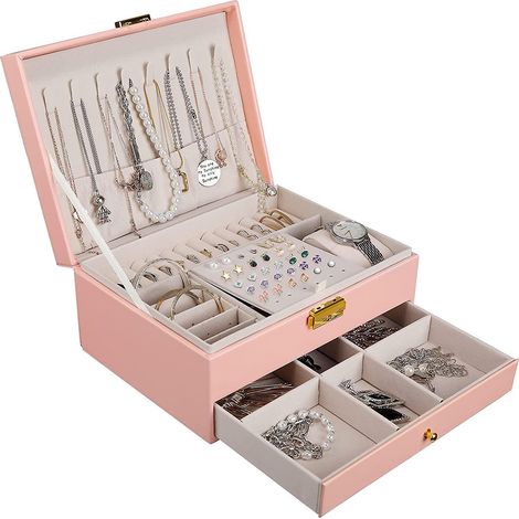 (rose) Bote Bijoux Pour Femme, 2 Tages En Cuir Pu Pour Filles Organisateur De Bijoux De Voyage, Organisateur De Bijoux Et Bote De Prsentation Pou (1/5)