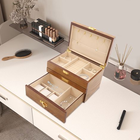 Boîte à Bijoux 3 Niveaux, Coffret en Bois, Doublure en Lin, Grand Rangement pour Bagues, Bracelets, Colliers, Montres et Boucles d oreilles, brun (1/5)