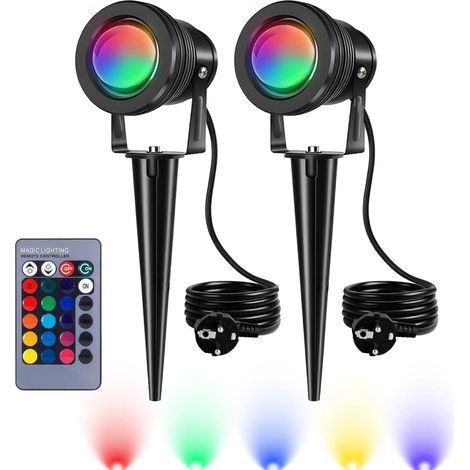 2 Pack Spot Extérieur à Piquer RGB, 10W LED Spot Jardin Etanche IP65 avec Télécommande, 16 Couleurs (1/5)