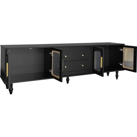 ELVMI Mobile TV con 4 Ante in Vetro Rigato e Cassetti Push to Open, in Truciolato, 177 × 38 × 55.5 cm, Nero (1/5)