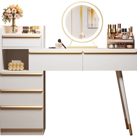 CHICFURN Toeletta bianca 100 x 41,5 x 102 cm, specchio LED dimmerabile, 6 cassetti (1/5)